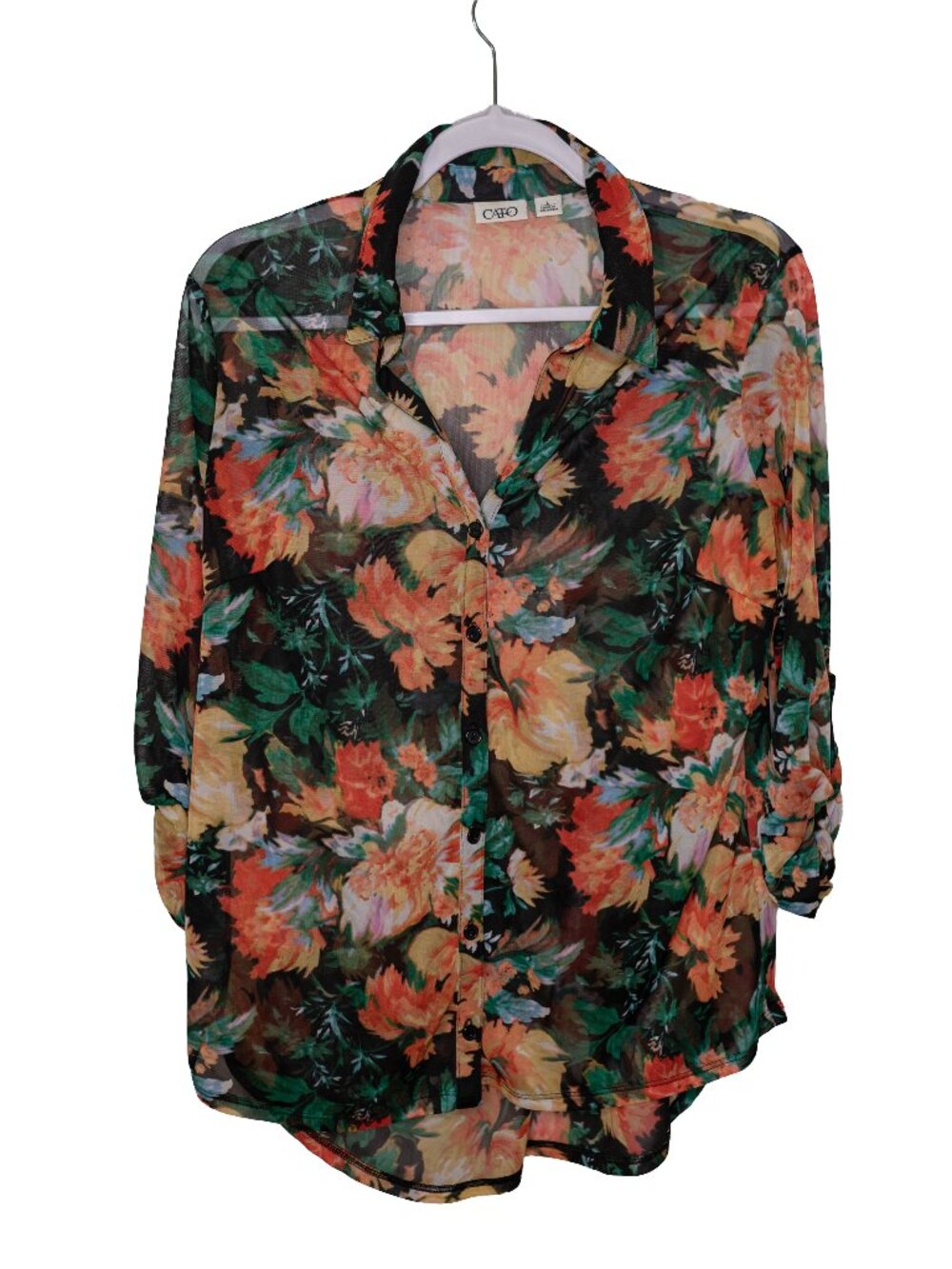 Cato Sheer Mesh Orange & Black Floral Blouse - Large